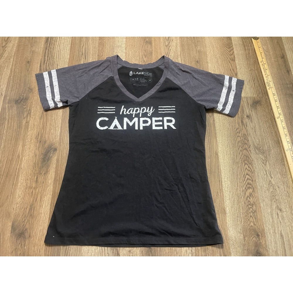 Lakeside Shirt, Women's Size Medium, Black White Grey, V-neck, Happy Camper